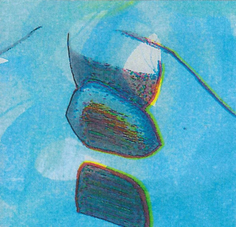 An abstract digital print of a various blue tones and traces of digital marks.