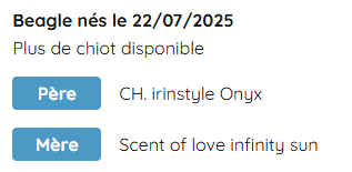 Informations et boutons sur une page web, mentionnant une date de naissance pour un bébé, une disponibilité d'ichots, et des liens pour le père et la mère, avec des descriptions associées.