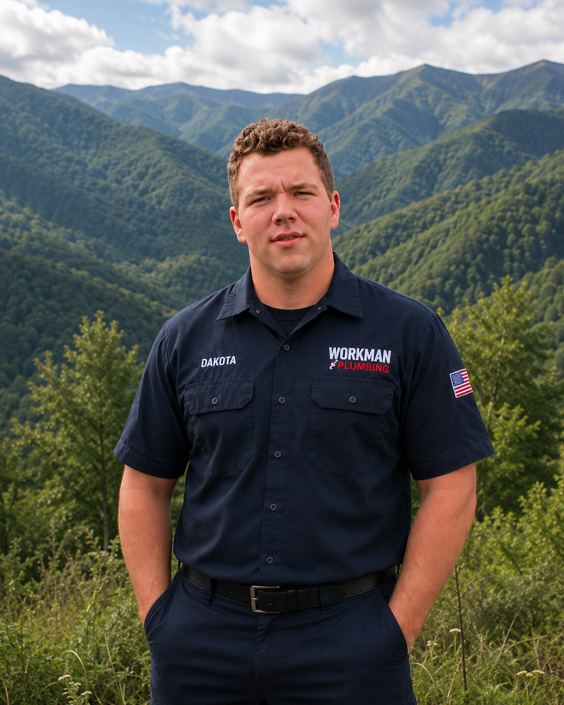 A man standing outdoors with green hills and mountains in the background, wearing a navy blue work shirt with patches for 'Dakota' and 'Workman Plumbing', and an American flag patch on the sleeve.