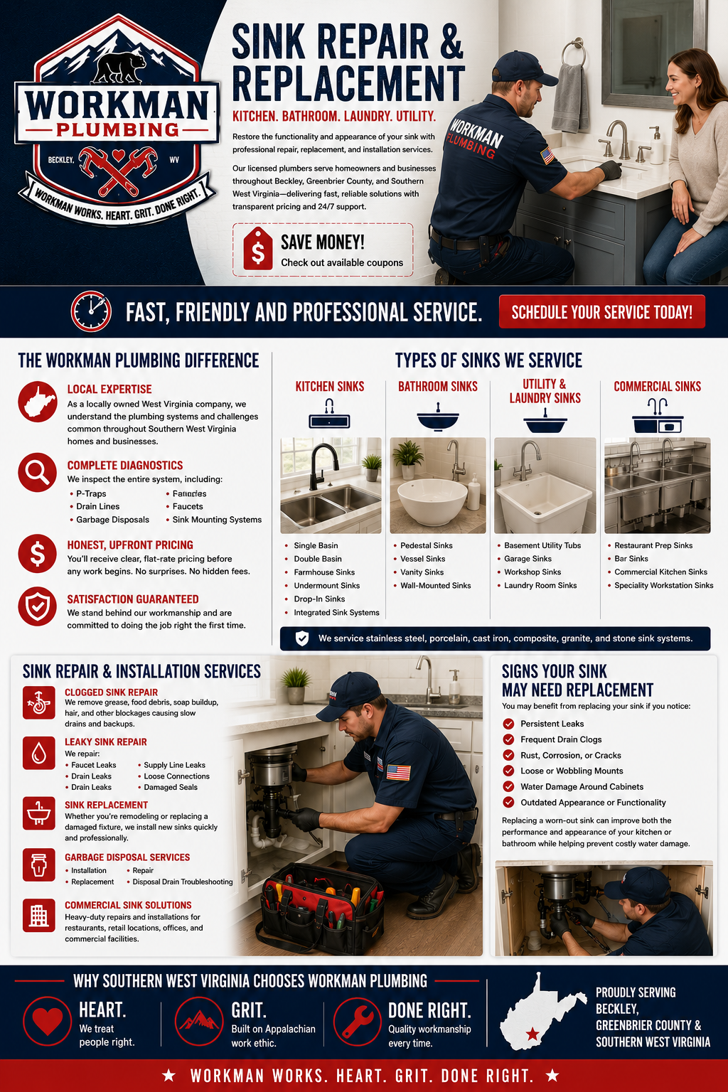 An infographic with information about sink repair and replacement services by Workman Plumbing in Beckley, West Virginia, including types of sinks serviced, repair services, signs for sink replacement, and reasons to choose Workman Plumbing.