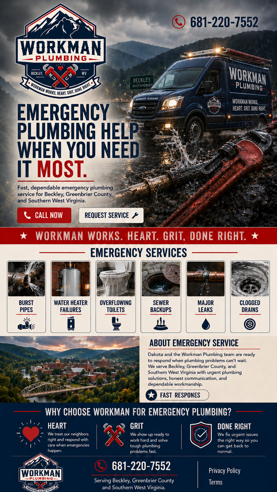 A flyer for Workman Plumbing offers emergency plumbing services in Beckley, Greenbrier County, and Southern West Virginia. Features include a logo with a mountain bear, a phone number, an emergency service truck, and images of plumbing issues such as burst pipes, water heater failures, overflowing toilets, sewer backups, major leaks, and clogged drains. The flyer emphasizes quick response, honest communication, and dependable work.