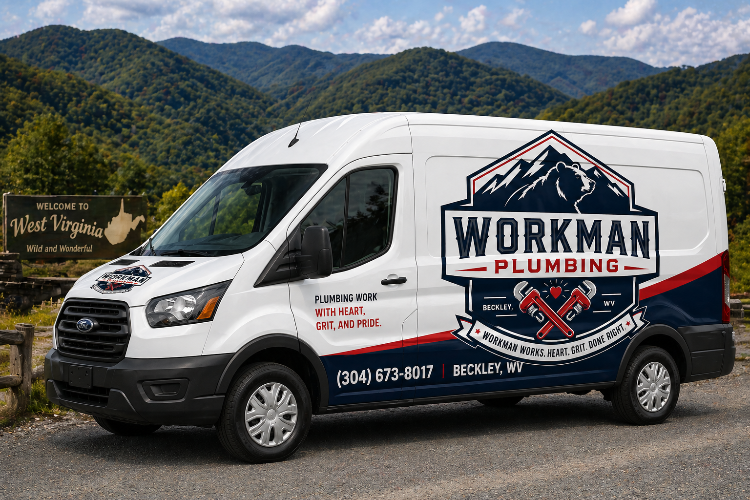White service van with 'Workman Plumbing' logo, mountain graphic, and contact information, parked outdoors with a mountain range and 'Welcome to West Virginia' sign in the background.