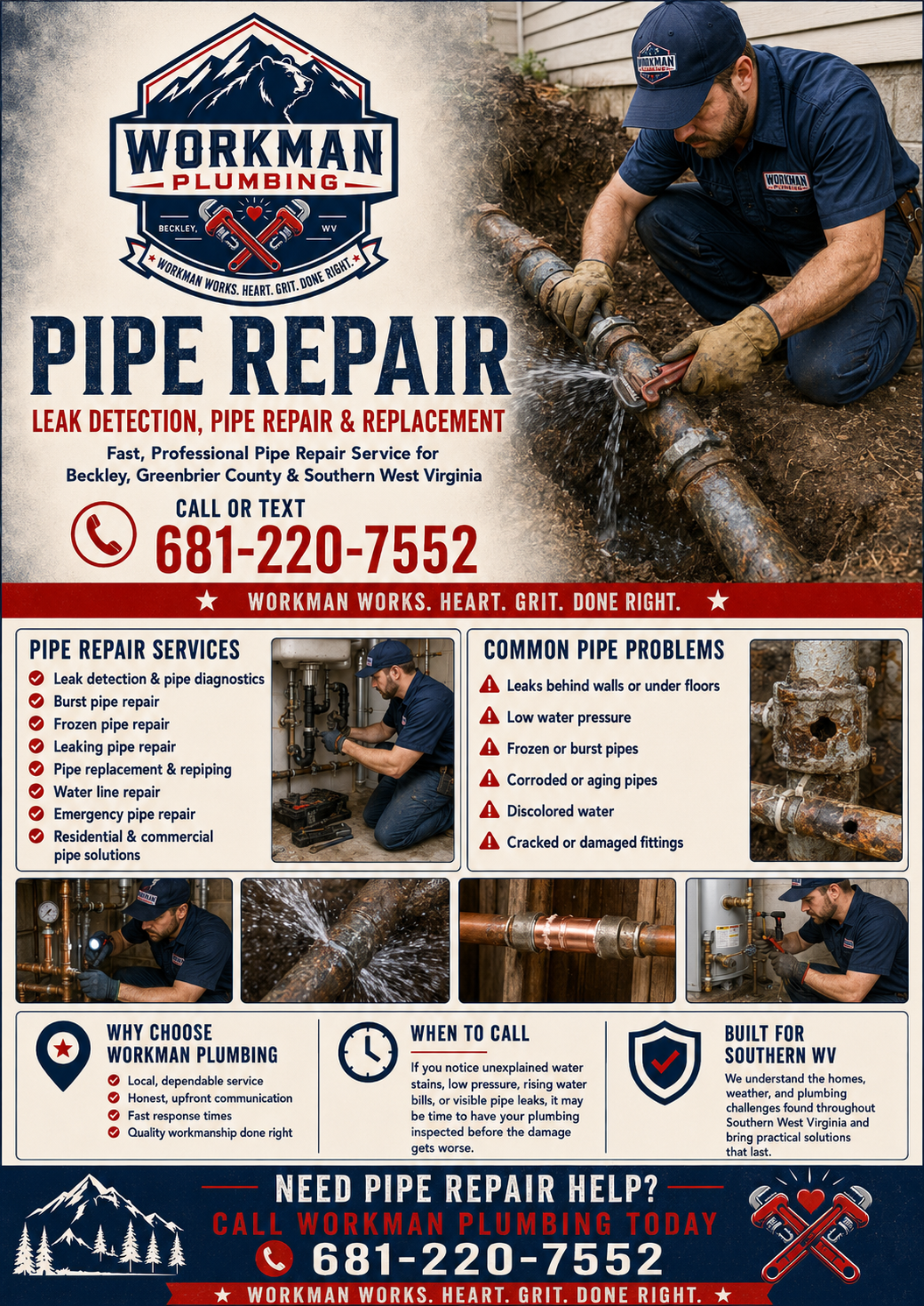 A plumber working on a pipe underground on the right side of the image; blue uniform and cap with 'Workman Plumbing' logo. The left side features a graphic design with a mountain and bear logo, contact info, and details about pipe repair services including leak detection, pipe diagnostics, burst pipe repair, and common pipe problems like leaks and corrosion.
