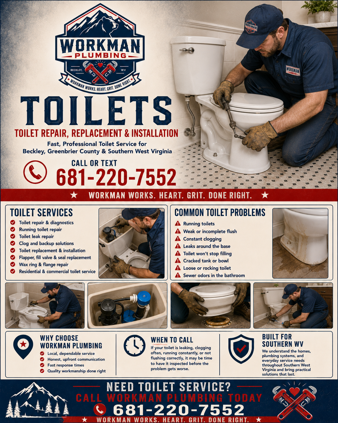 Flyer for Workman Plumbing promoting toilet repair, replacement, and installation services with images of a plumber repairing a toilet and a close-up of a toilet, and contact information for service.