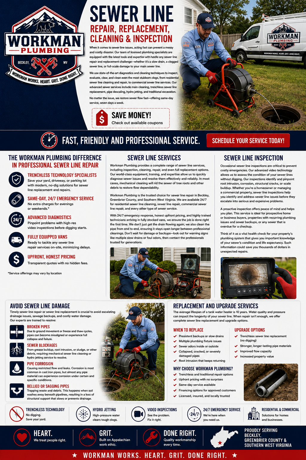 An informational flyer for Workman Plumbing featuring images of a plumber working on a sewer line, a work van, and inspection equipment. The flyer promotes sewer line repair, replacement, cleaning, inspection services, and related plumbing solutions in Beckley, Greenbrier County, and Southern West Virginia.