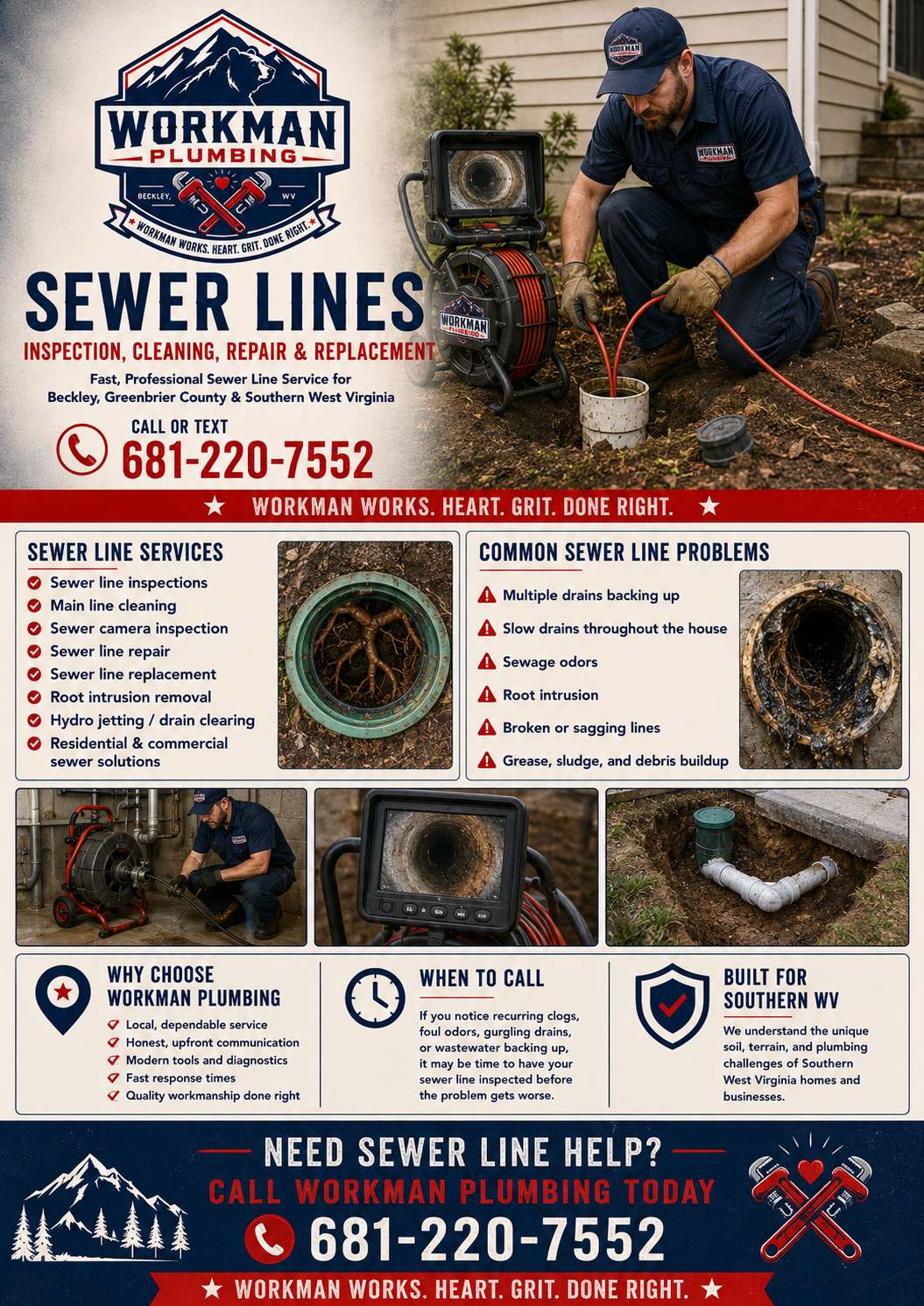 A poster advertising Workman Plumbing's sewer line inspection, cleaning, repair, and replacement services. The poster features a man working on a sewer line outside a house, contact information, service details, common problems, reasons to choose the company, and when to call. It has a patriotic color scheme with red, white, and blue.