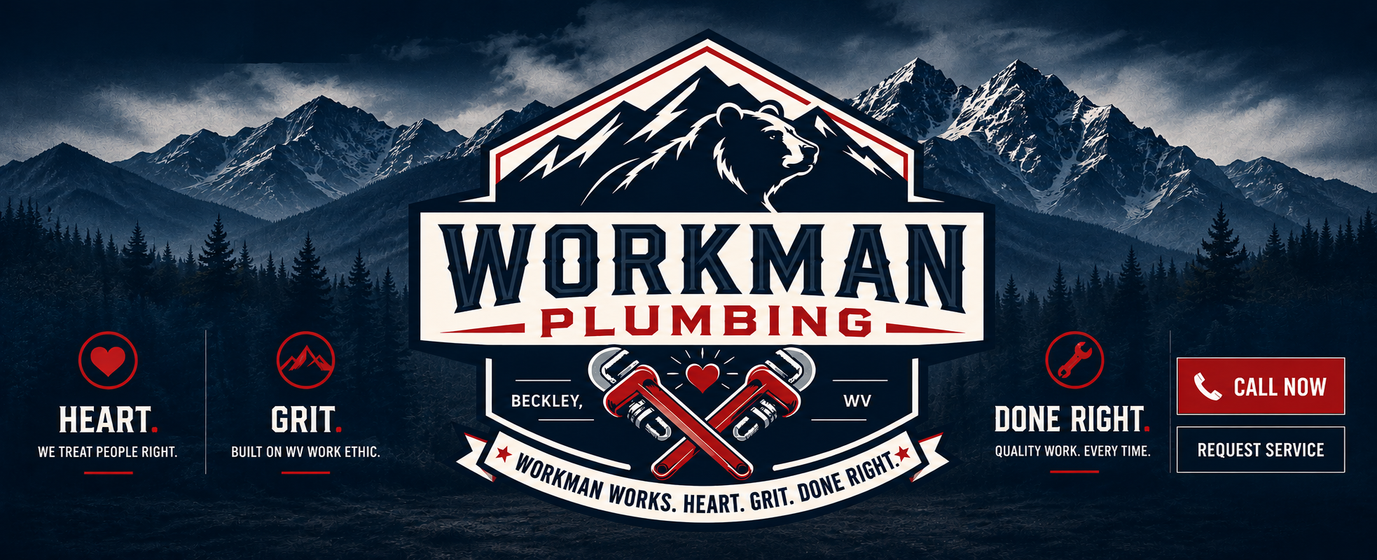 Logo for Workman Plumbing with mountain background, featuring a bear and mountains above the text, and crossed wrenches with a heart symbol in the center, along with contact options on the right.