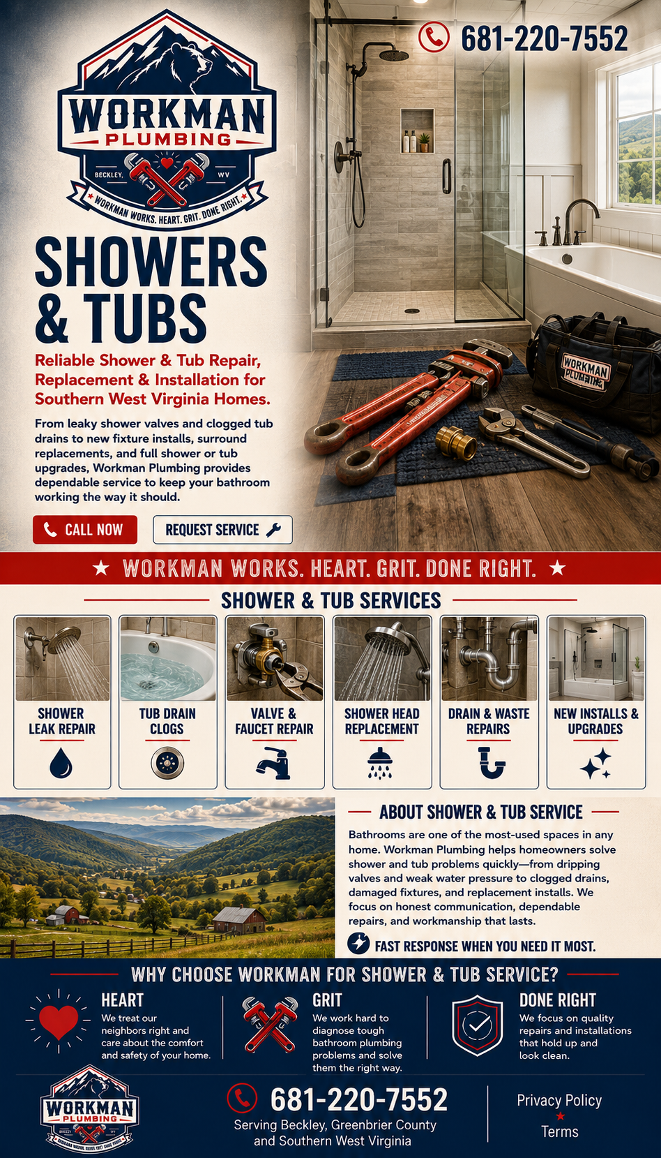 Advertisement for Workman Plumbing services, offering showers and tubs repair, replacement, and installation in Southern West Virginia. The ad includes a logo with a bear and mountains, contact information, a photo of a bathroom with a walk-in shower, and icons for various plumbing services like leak repair, sump drain clogs, valve and faucet repair, shower head replacement, drain and waste repairs, and upgrades.