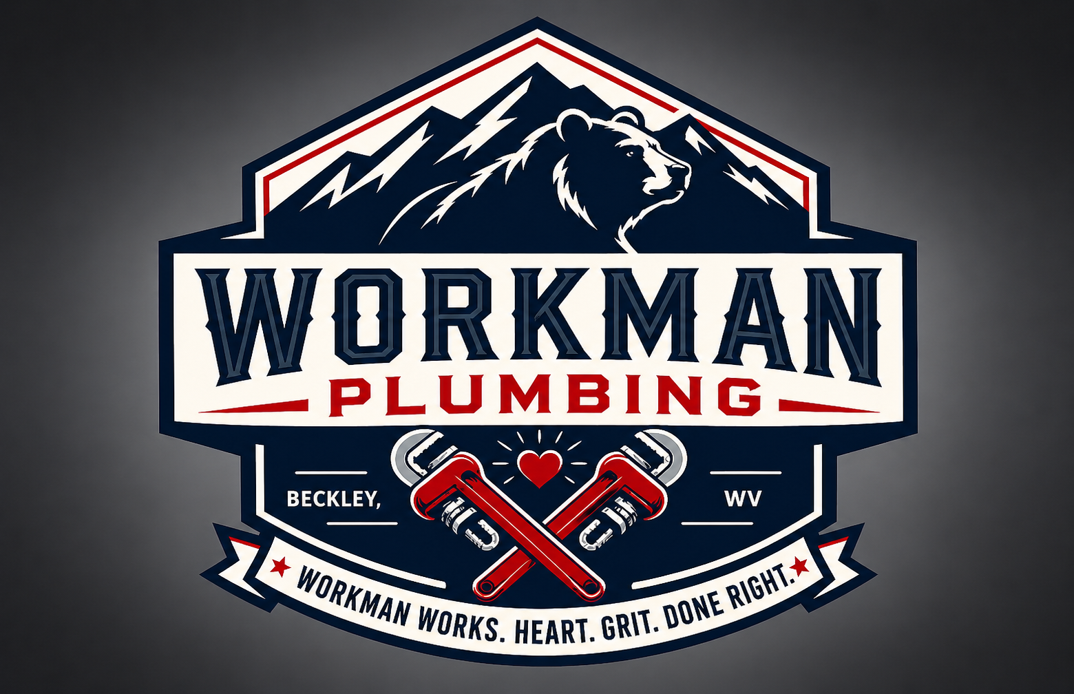 Logo for Workman Plumbing featuring mountain range with bear, crossed plumbing pipes, a heart, and the words 'Workman Plumbing,' 'Beckley, WV,' and the slogan 'Workman works. Heart. Grit. Done right.'