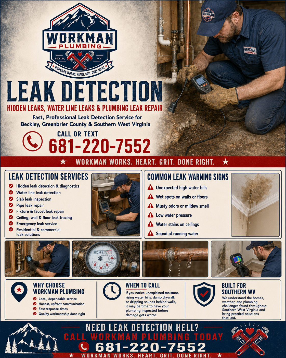 A plumbing professional using a leak detection device on a water pipe in a residential crawl space. The image promotes Workman Plumbing's leak detection and repair services, including common leak warning signs and reasons to choose their services in Southern West Virginia.