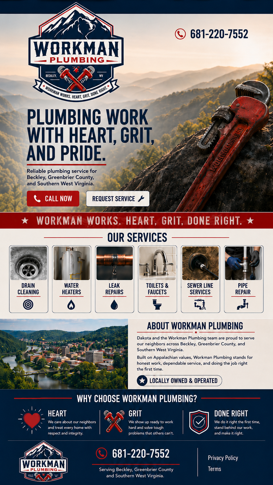 Promotional flyer for Workman Plumbing featuring mountain logo, contact number, slogan, list of services including drain cleaning, water heaters, leak repairs, toilets and faucets, sewer line services, and pipe repair. Contains a scenic landscape with mountains and a town, and icons representing each service.