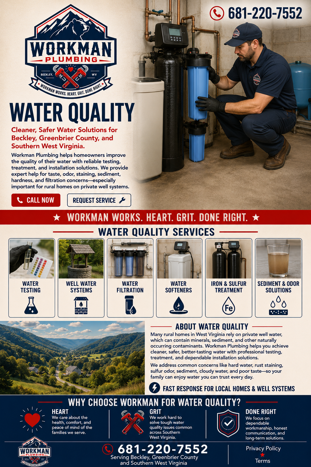 Flyer for Workman Plumbing promoting water quality services in West Virginia, with a photo of a plumber working on water filtration equipment, contact info, and a scenic rural landscape at the bottom.