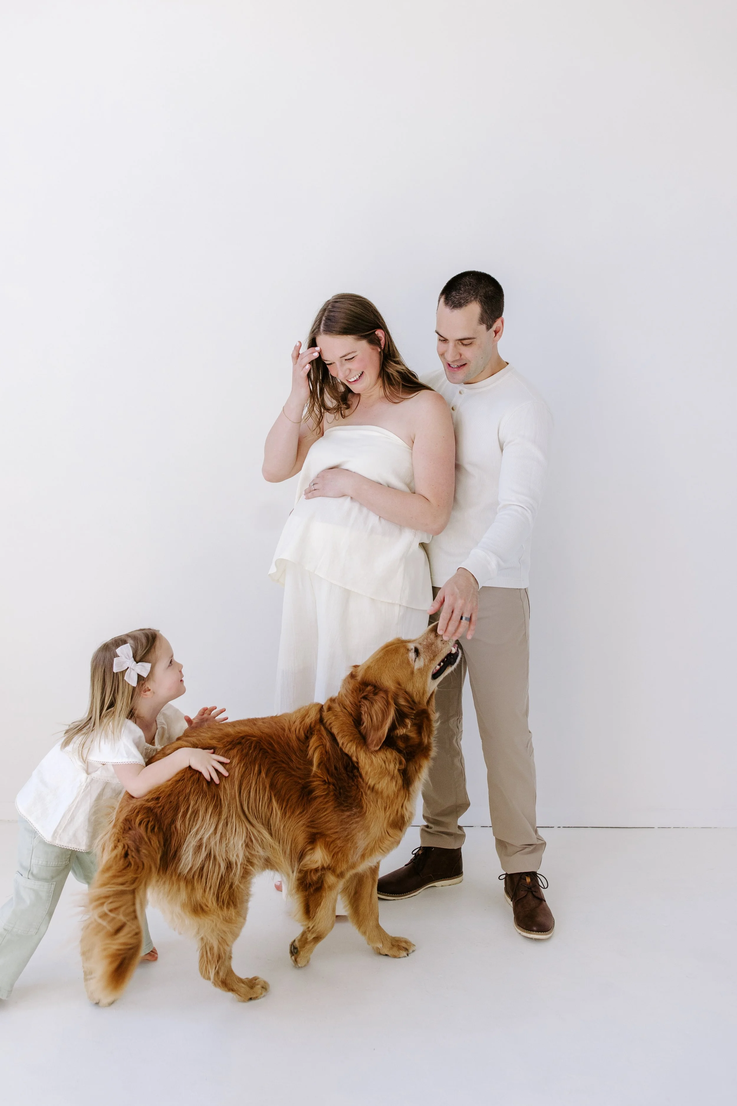 A pregnant woman and a man are standing together, smiling and interacting with two young girls and a large Golden Retriever dog in a white studio setting. The girl is petting the dog, and the woman and man are looking at her, all appearing happy and 