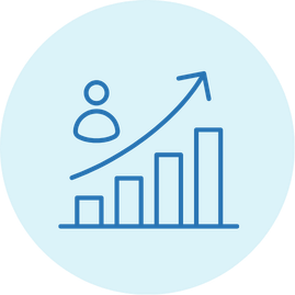 A graph with ascending bars, an upward arrow, and a user icon, representing growth or progress.