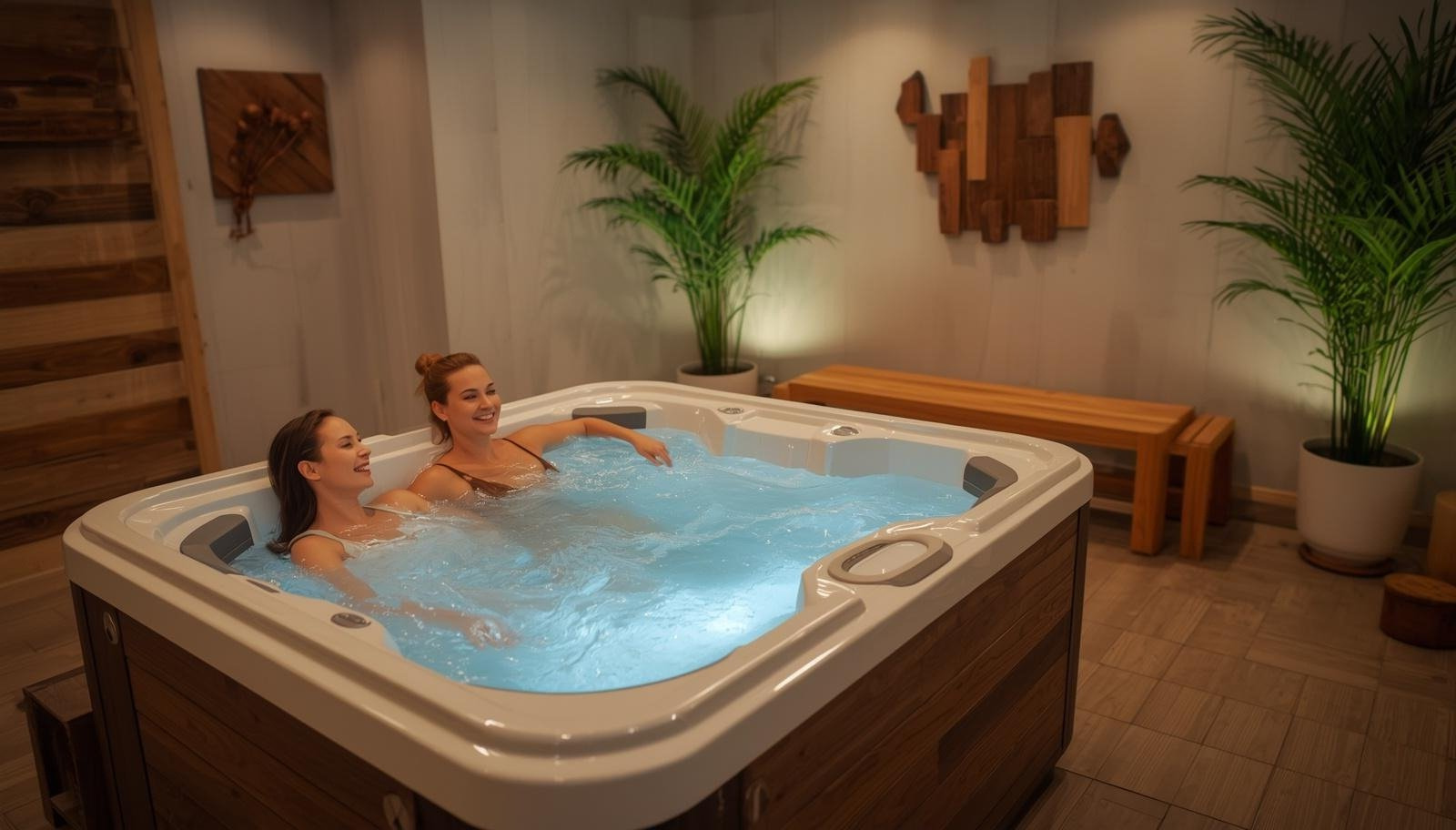 Two women relaxing in a hot tub in a cozy indoor spa room with wooden decor and large potted plants.
