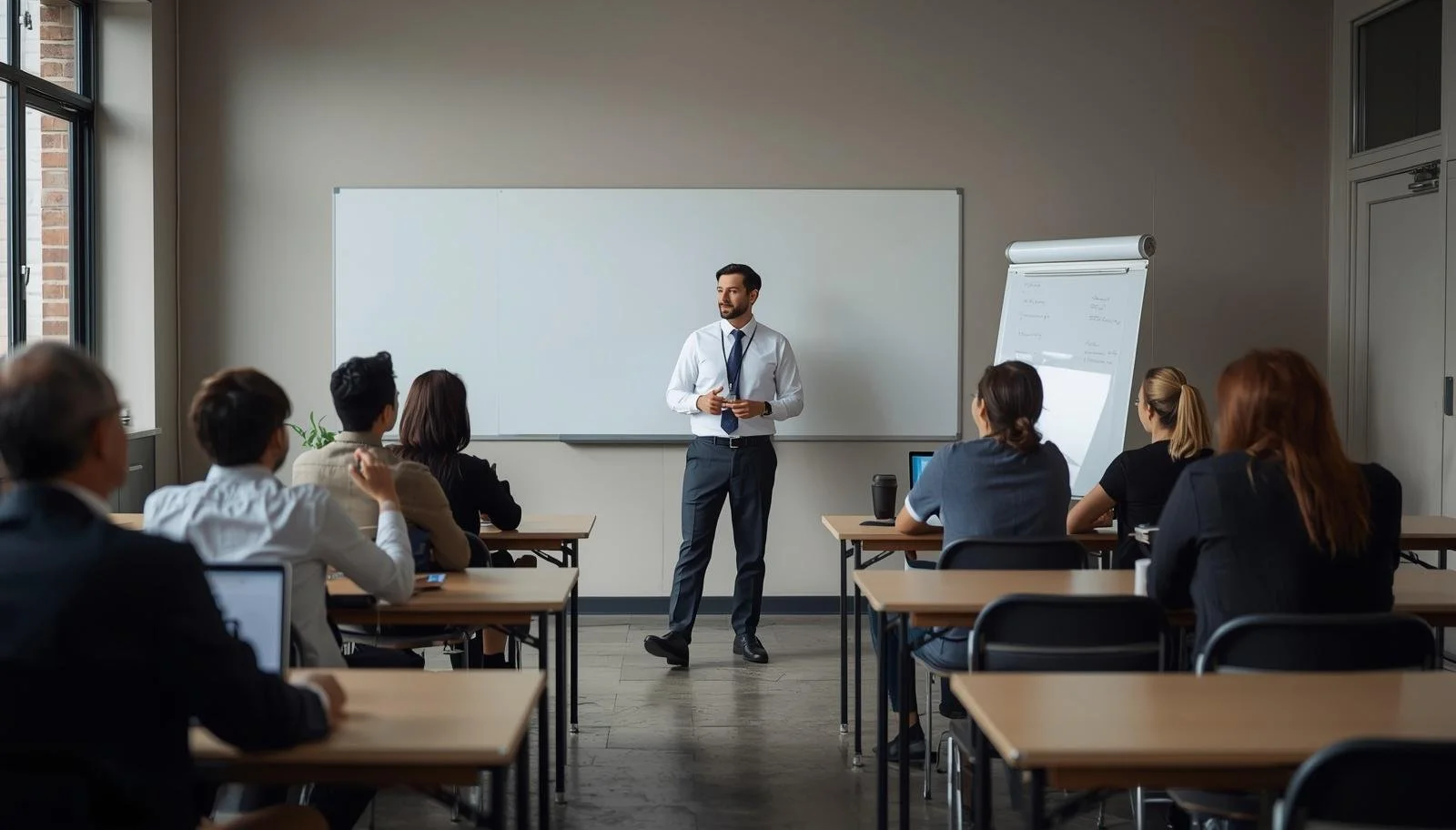 A male instructor giving a presentation to a group of adult students in a classroom with large windows and a whiteboard.