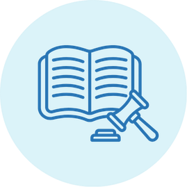 An icon of an open book and a gavel, symbolizing law or legal education.