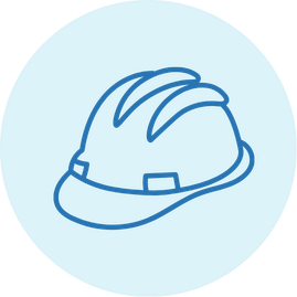 Line drawing of a safety helmet on a blue circular background.