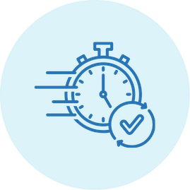 Clock with motion lines and a checkmark in a circle, indicating speed or efficiency.