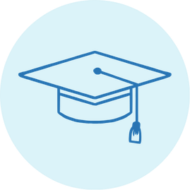 Outline of a graduation cap with a tassel inside a blue circular background.