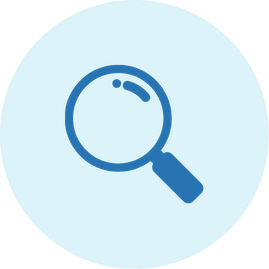 Magnifying glass icon against a blue circular background.