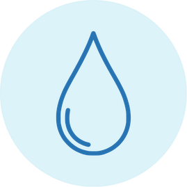 Blue circular icon with a water droplet symbol in the center.
