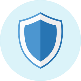 An icon of a shield with a darker blue center and a white outline, on a light blue circular background.
