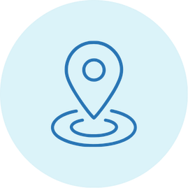Icon of a map location marker on a blue background.