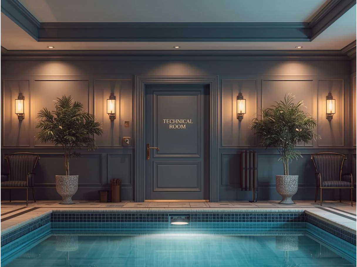 Indoor swimming pool area with two potted plants, two chairs, wall-mounted lights, and a door labeled 'Technical Room'.