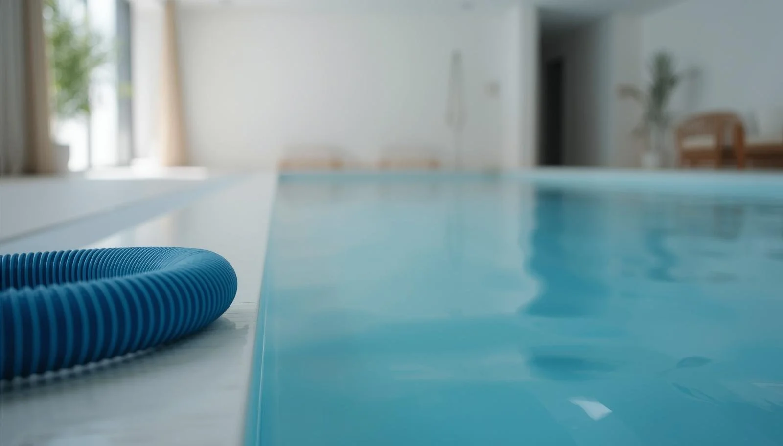 Close-up of a blue pool vacuum hose on the edge of an indoor swimming pool in a bright room.