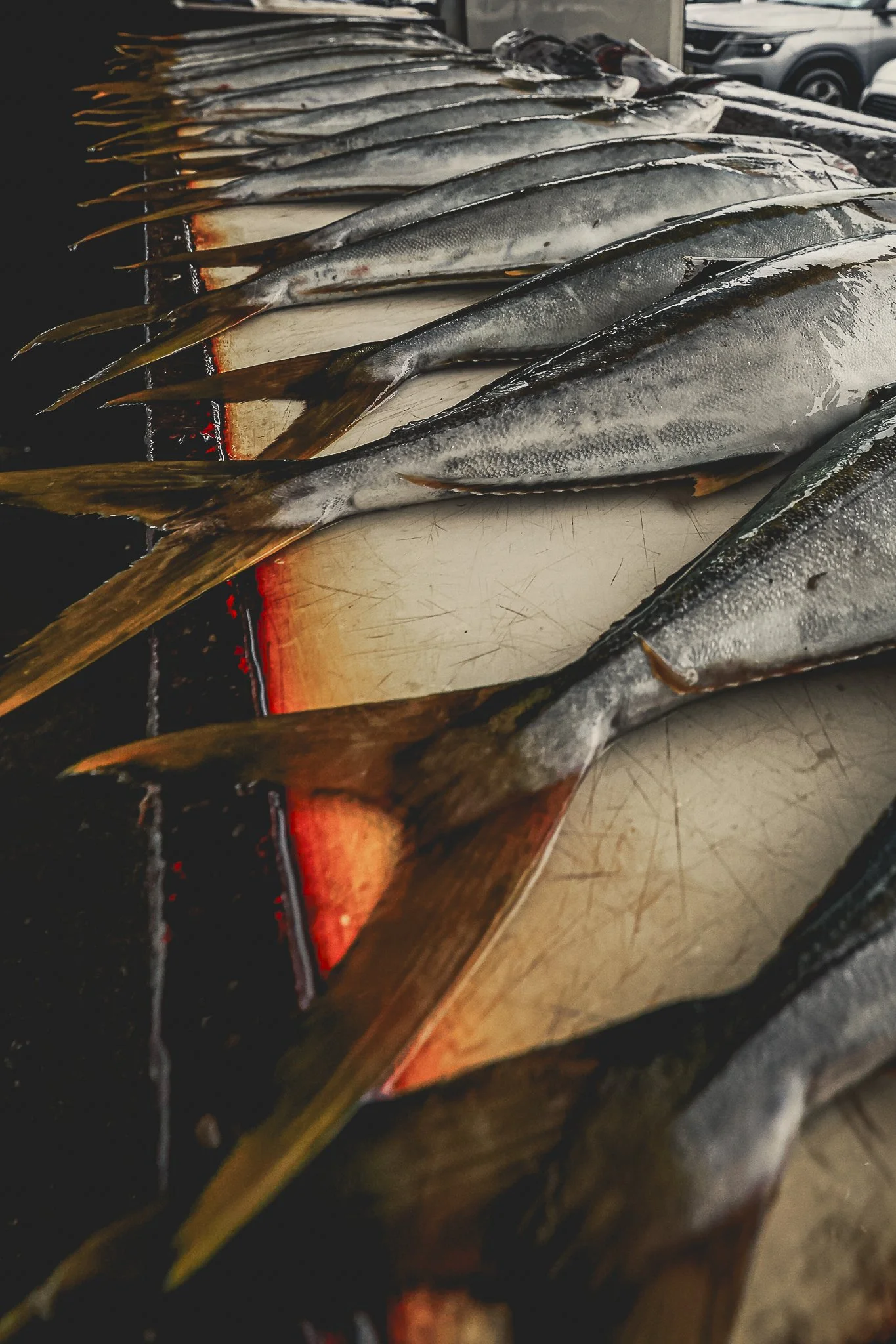A row of fish, likely mackerel, with silver bodies and yellow fins, lying on a cutting board or table in a market or food stall setting.