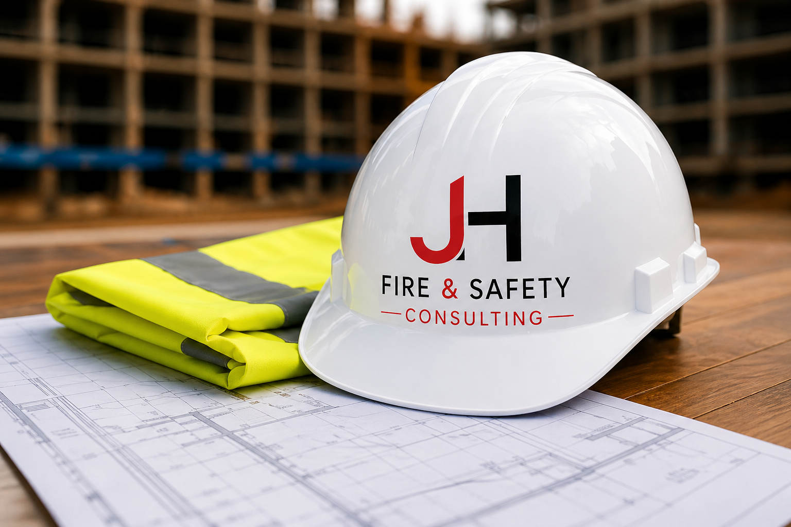 Construction safety helmet with the logo 'JH Fire & Safety Consulting', a yellow safety vest, and blueprints on a wooden table at a construction site.