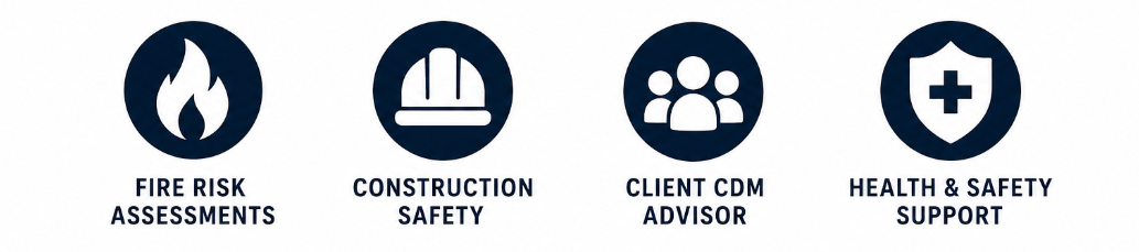 Icons with text representing fire risk assessments, construction safety, client CDM advisor, health and safety support