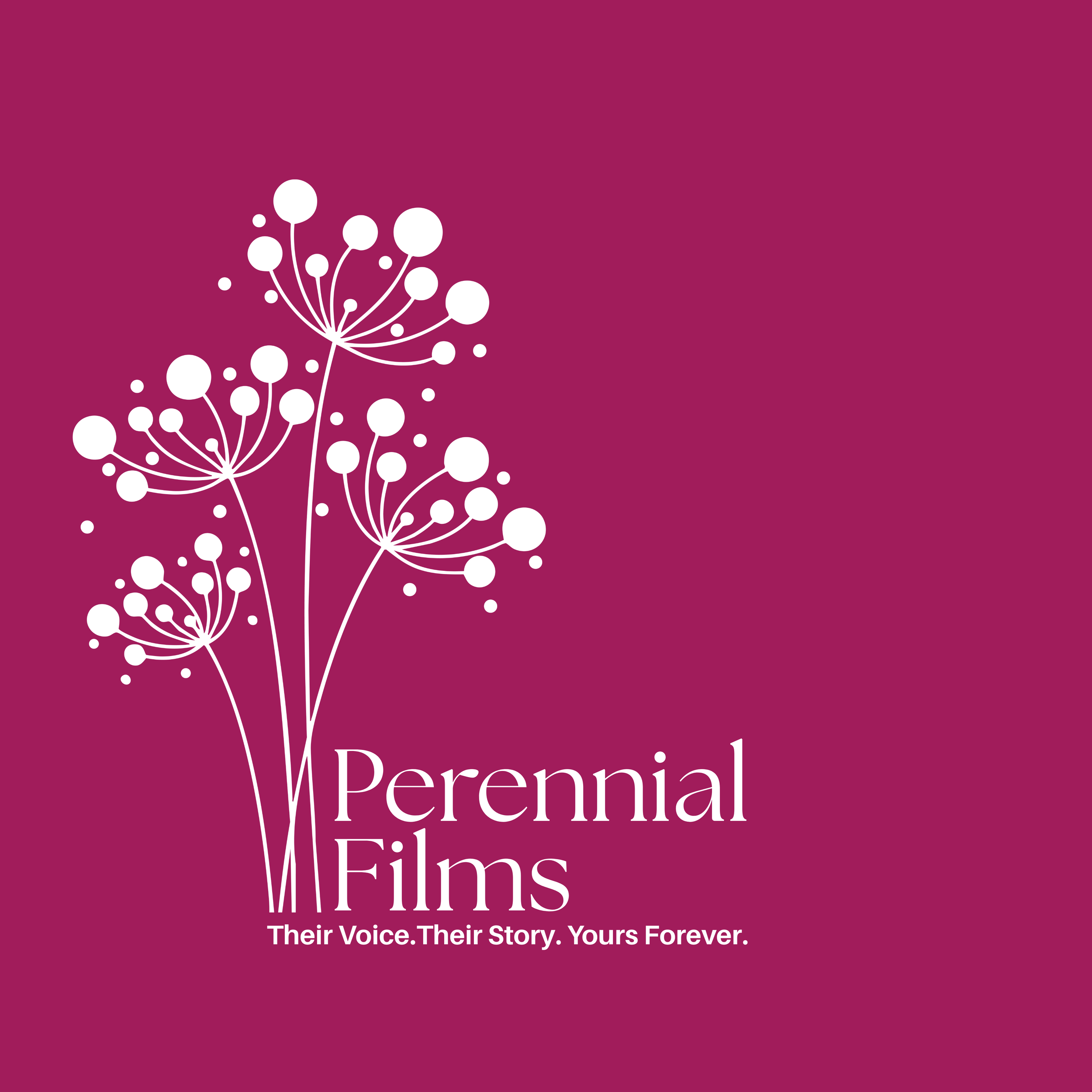 Pink background with white abstract floral design in the lower left corner, with white text reading "Documentary Films" and tagline "Their Voice. Their Story. Yours Forever."