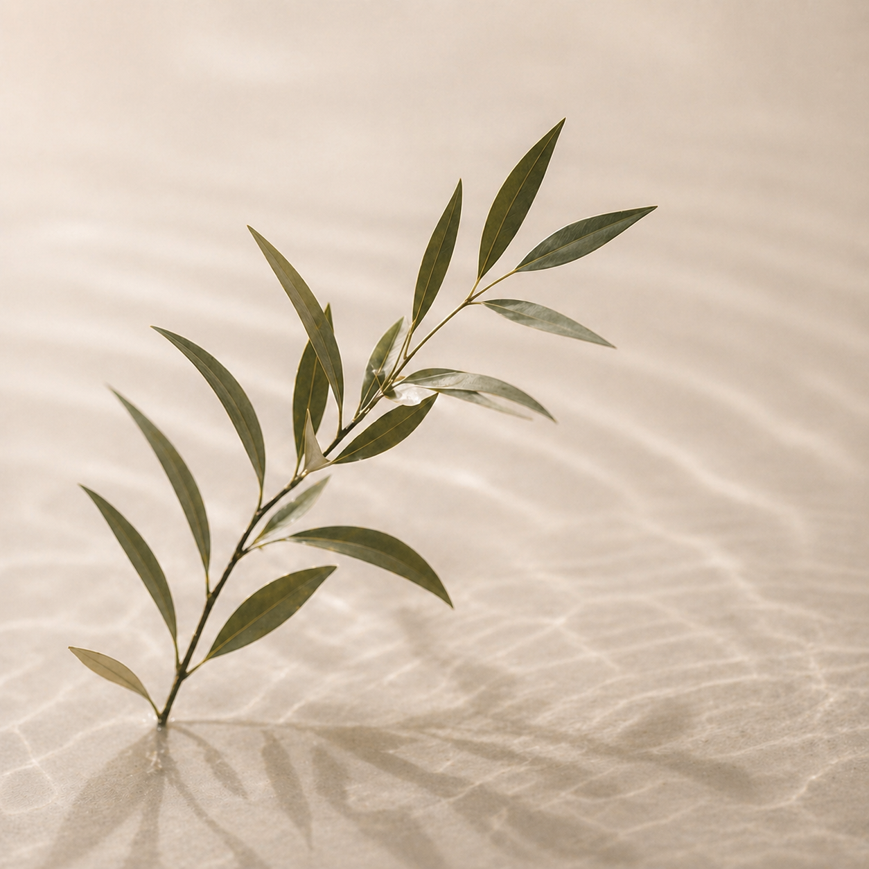 A green leafy branch with elongated dark green leaves casting a shadow on a sandy surface.