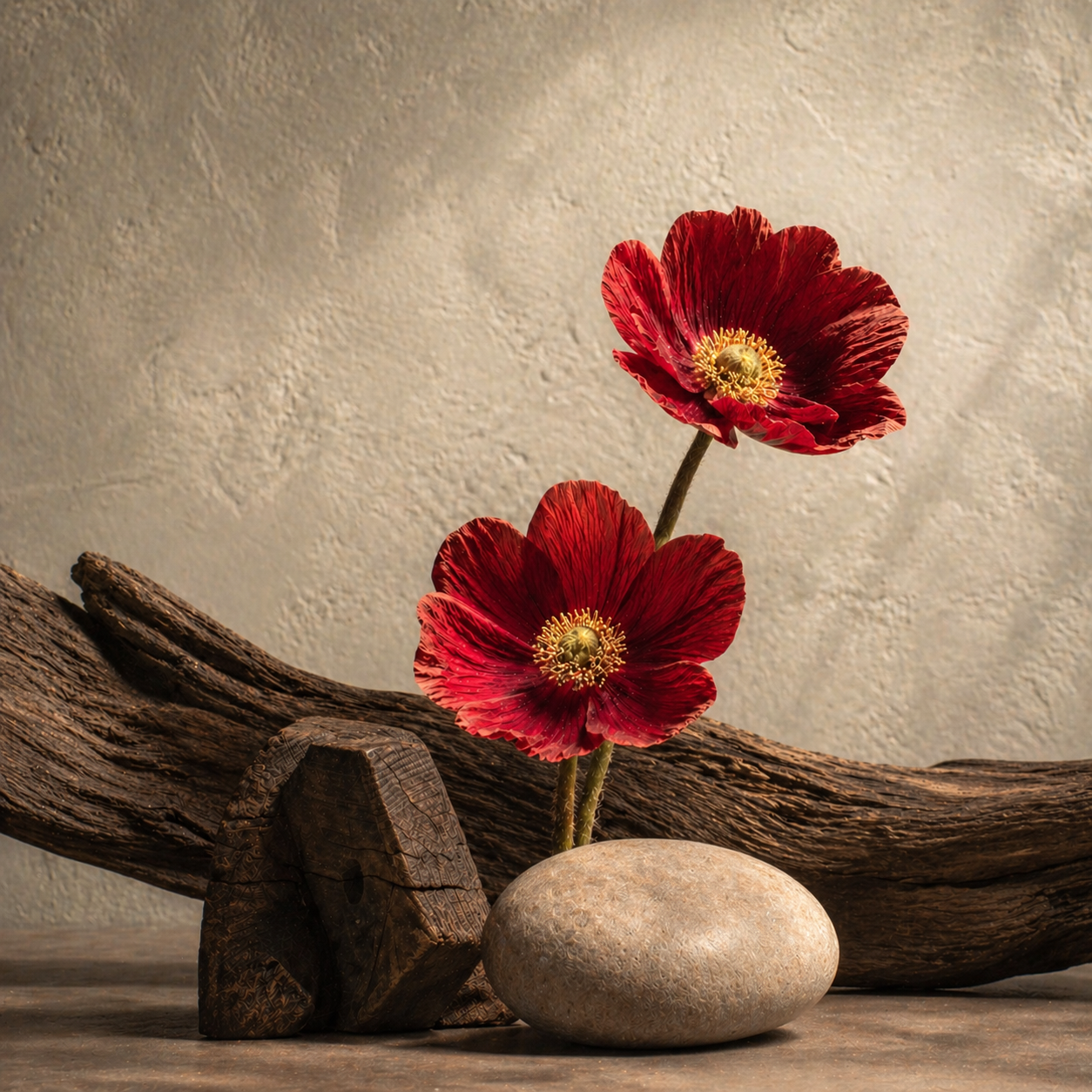 Two red poppy flowers with yellow centers are arranged in a display with a large smooth stone and a piece of weathered driftwood against a beige textured background.