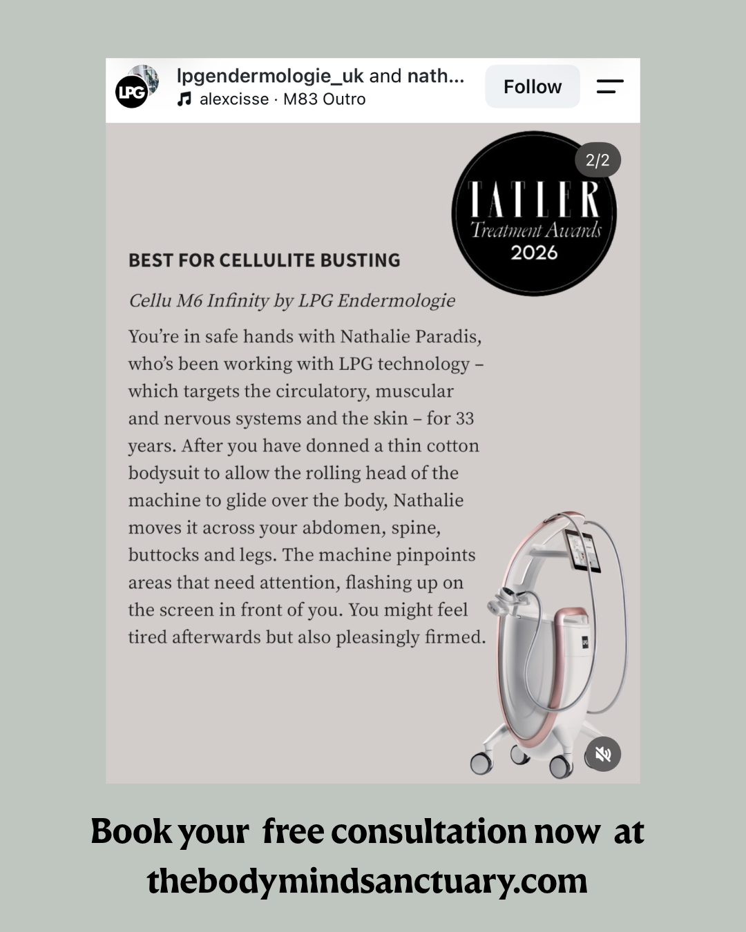 Tatler magazine article announcing the 2026 Treatment Awards, for best cellulite busting treatment  with LPG Endermologie Infinity. This treatment is available at the expert studio The BodyMind Sanctuary in Tunbridge Wells.