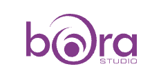 Bora Studio logo in purple with stylized text and graphic design