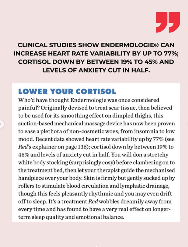 Text about LPG Endermologie® treatment benefits including improved heart rate variability, decreased cortisol, and reduced anxiety levels, with instructions and details on the procedure.