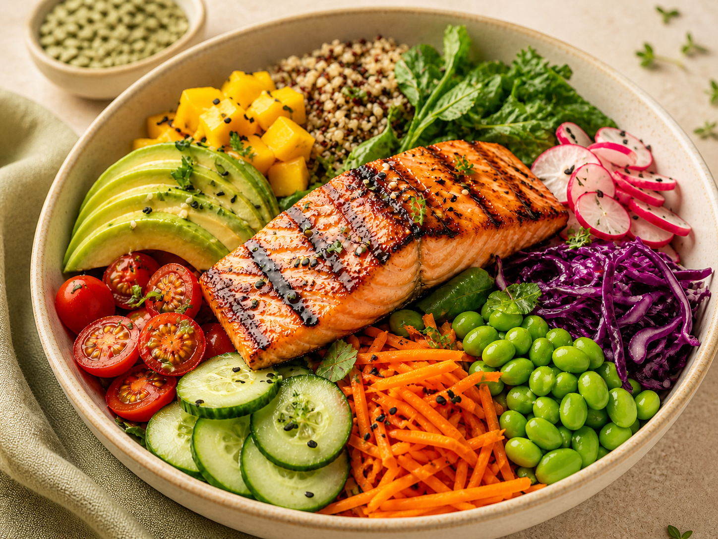 Bowl of grilled salmon with vegetables, including cherry tomatoes, cucumber, shredded carrots, green peas, purple cabbage, radishes, leafy greens, cubed mango, quinoa, and avocado slices.