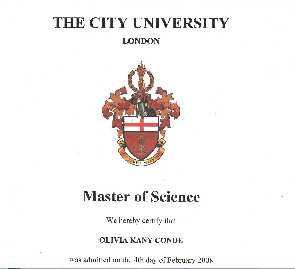 Master's degree certificate from The City University London, with a shield emblem and the name Olivia Conde, issued in 2008.