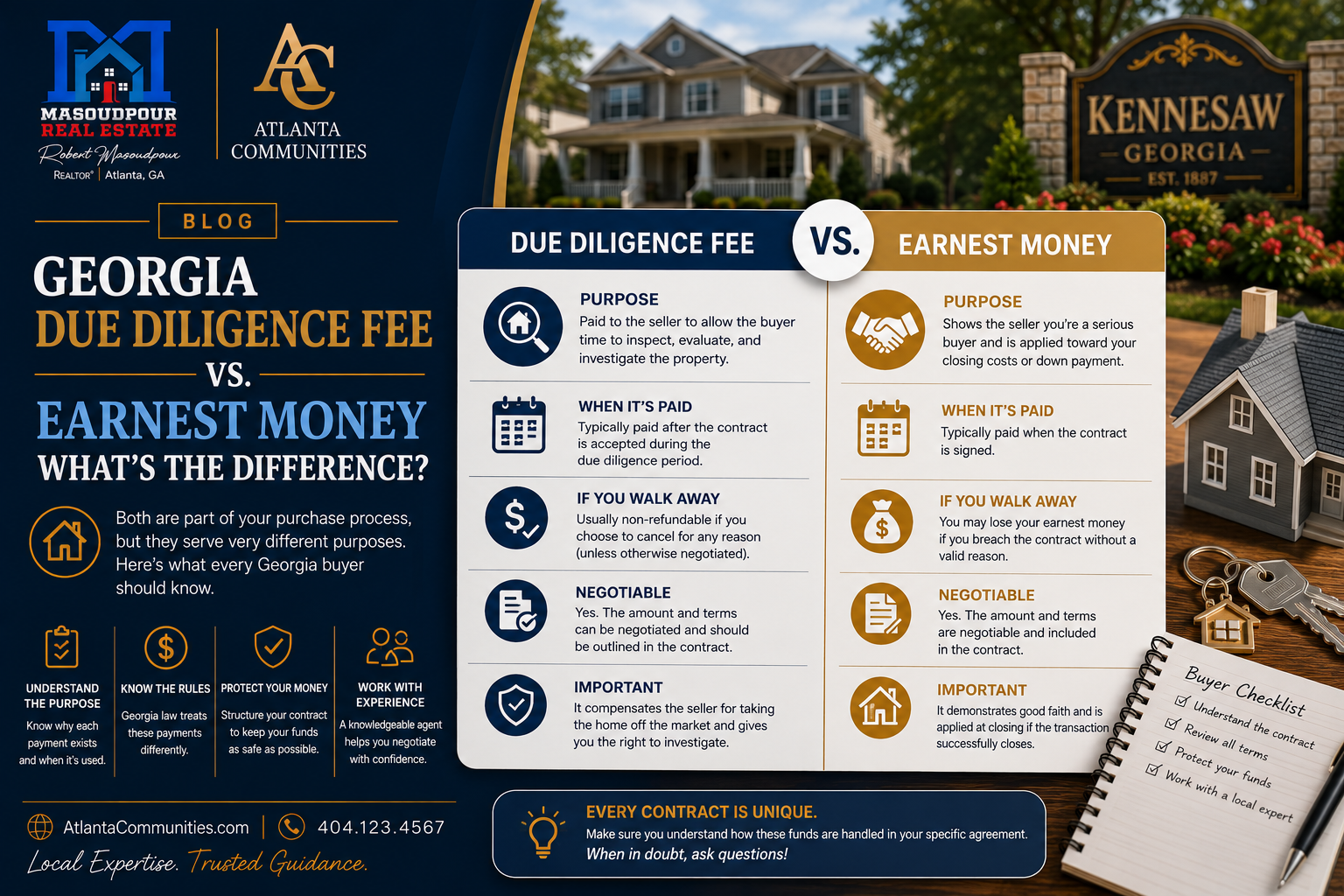 Georgia Due Diligence Fee vs. Earnest Money: Kennesaw Buyer Guide