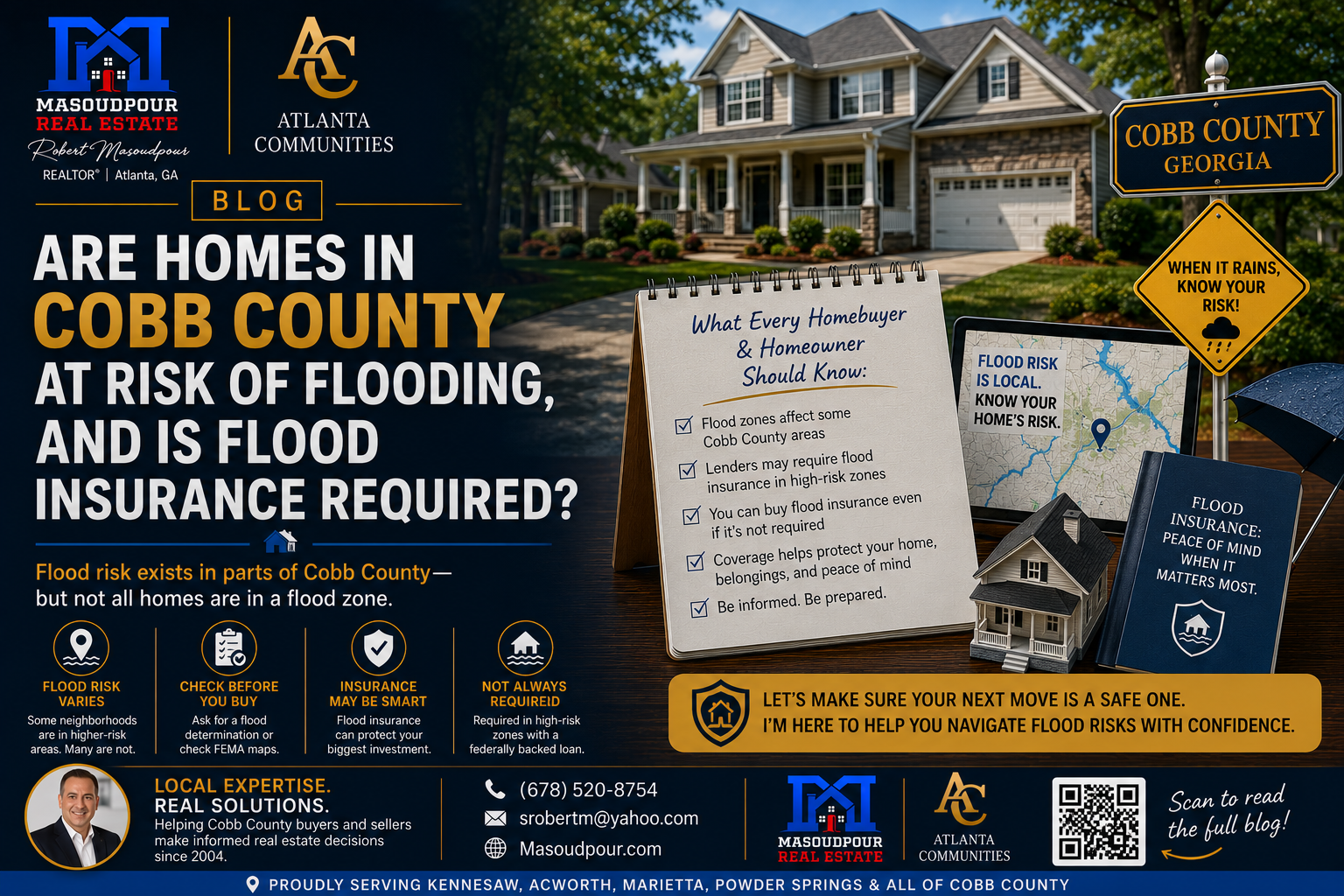Are homes in Cobb County at risk of flooding, and is flood insurance required?