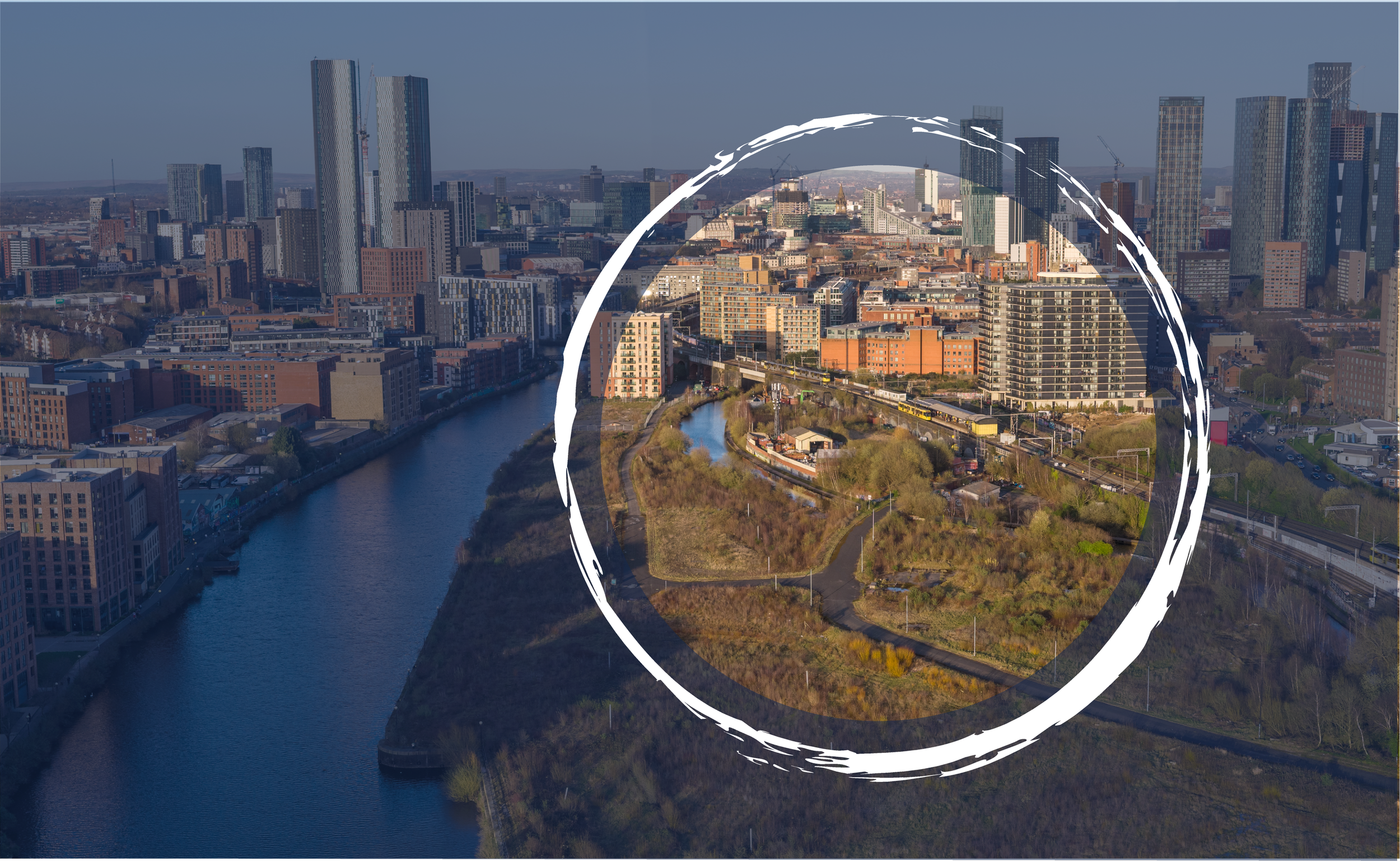 A city skyline with tall modern buildings, a river running through the city, and a park area with walking paths in the foreground. An oval shape with white dashed and solid lines overlays part of the image.