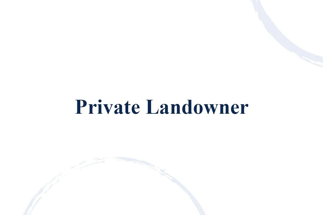Slide with the text 'Private Landowner' in dark blue font on a white background with blue circular accents.