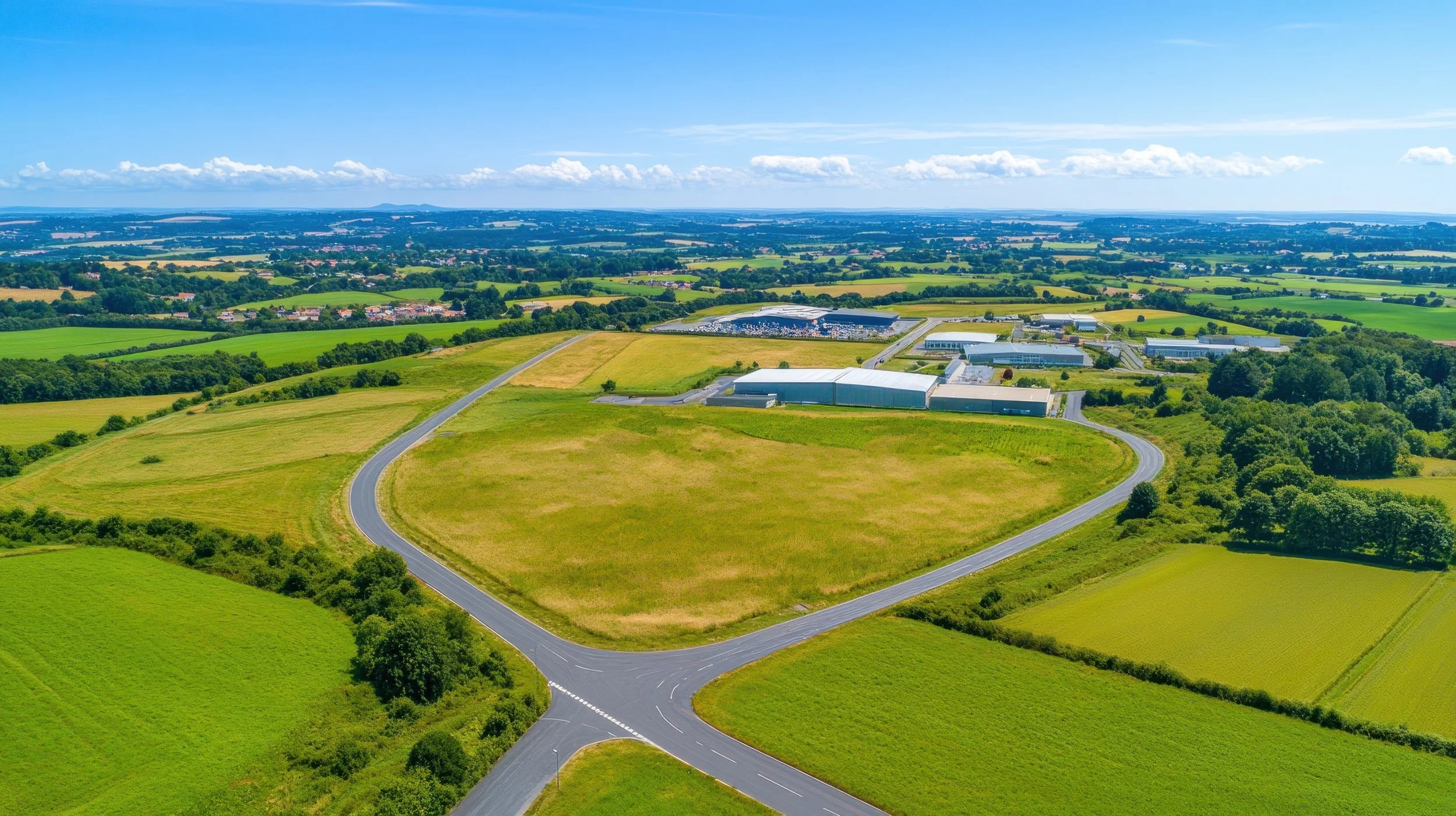Aerial view of a rural landscape with green fields, a winding road, and a few large buildings under a blue sky with scattered clouds.