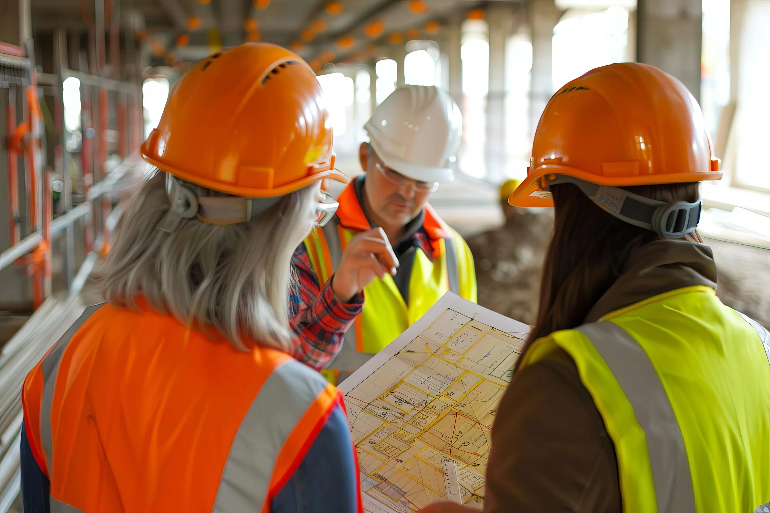 Construction workers wearing orange and white safety helmets and high-visibility vests gather around a set of blueprints or construction plans inside a building under construction.