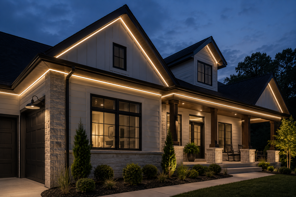 Celebright permanent low-voltage exterior lighting installed by Madison Sky Construction