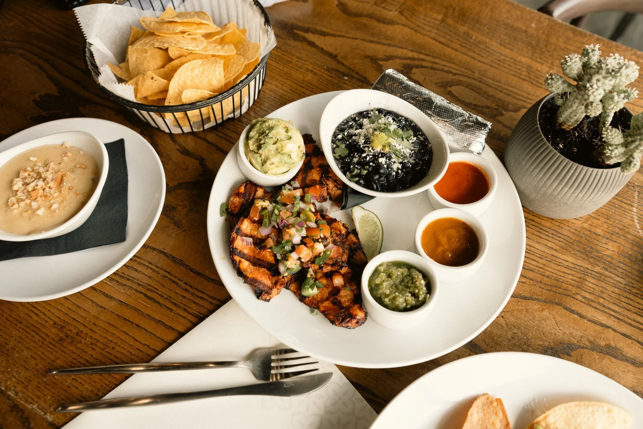 An assortment of Mexican dishes including grilled fish with pico de gallo, black bean soup garnished with cilantro and cheese, guacamole, and various sauces, served on white plates and bowls on a wooden table.