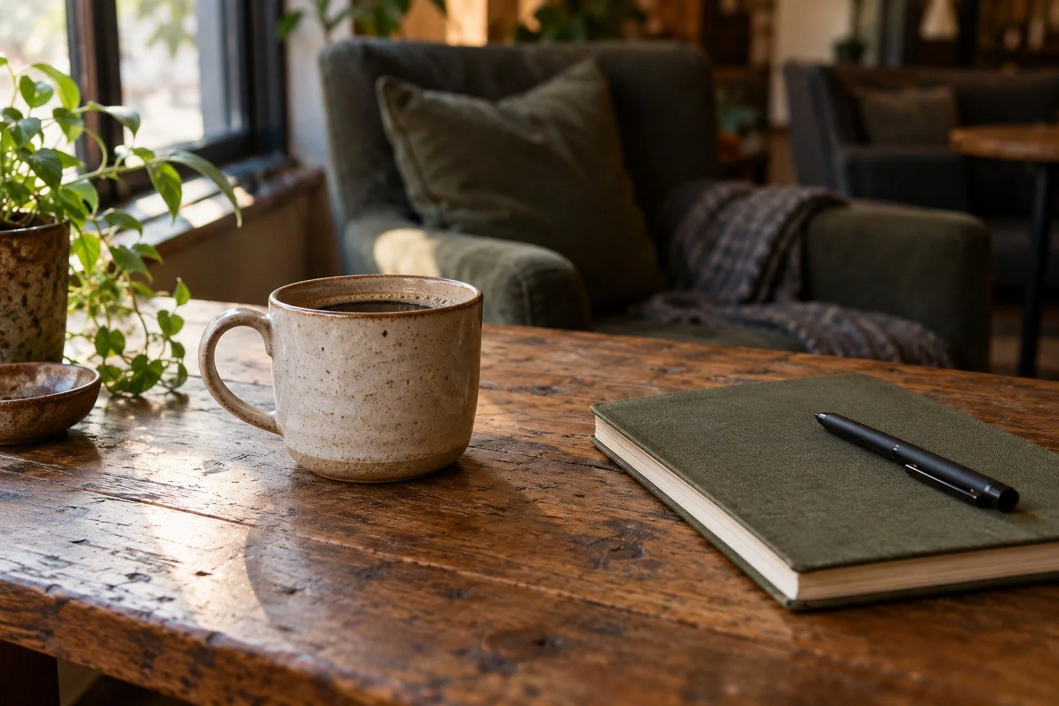 Coffee, a journal, and a pen on a warm wooden table.
